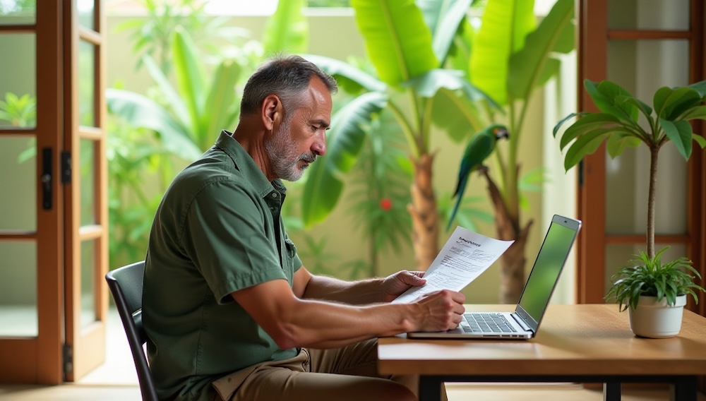 Man seated at a desk reviewing real estate investment documents