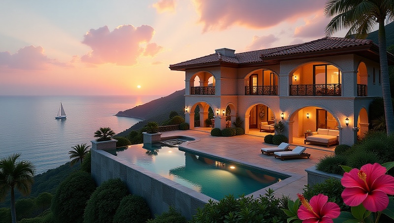 Illustration of a home in a prime location on a hillside in Costa Rica overlooking the Pacific Ocean at sunset